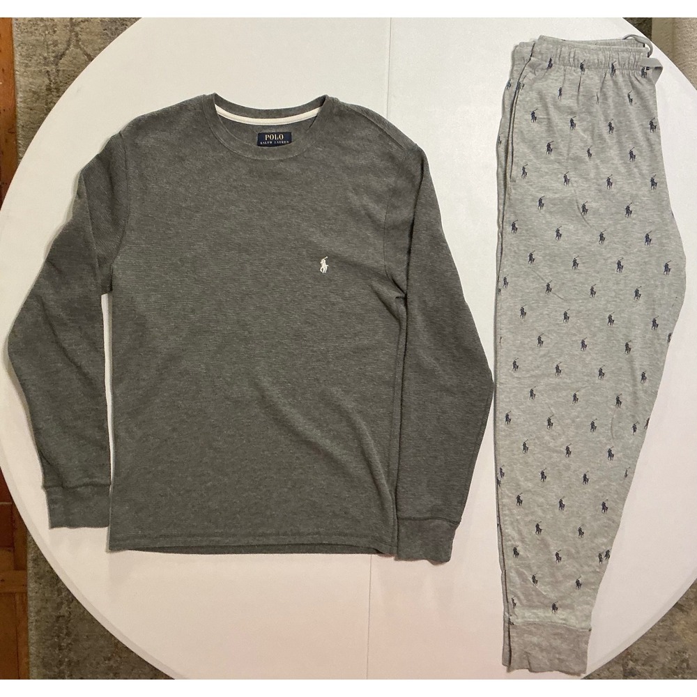 Polo Ralph Lauren Mens Gray Waffle Knit Thermal Top and Bear AOP Pajama Pants M